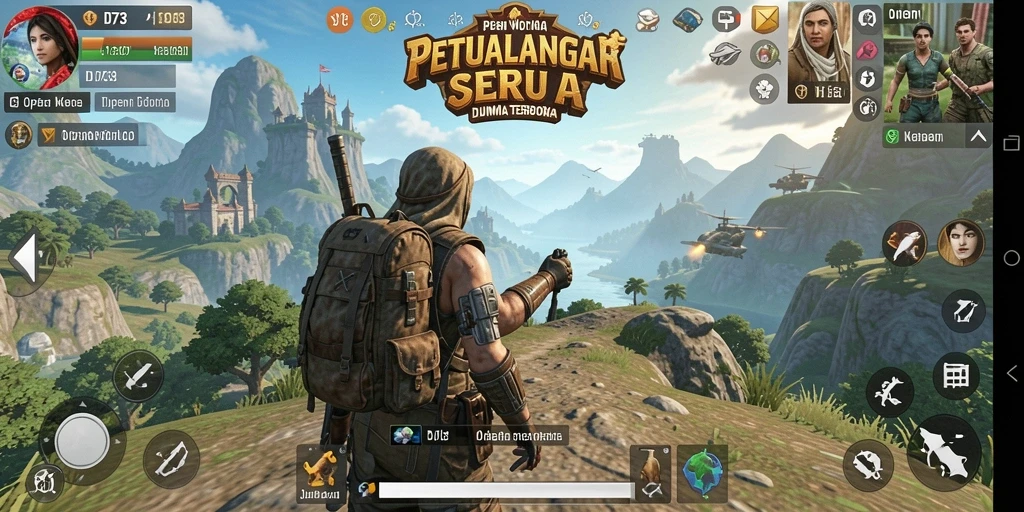 Antarmuka permainan D73 yang menampilkan petualangan di dunia terbuka.